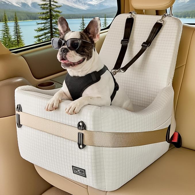Dog Booster Car Seat for Small/Medium Dogs Up to 35 lbs – Patented Safety System, 5" Memory Foam Pet Car Seat, Fully Detachable and Washable Cover, Front/Back Seat Travel Booster (Beige)
