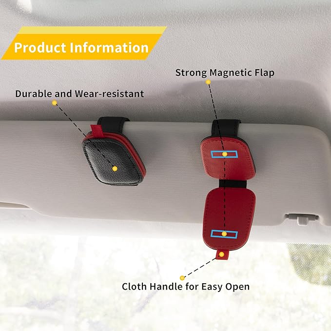 Magnetic Leather Sunglasses Holder for Car, 2 Packs (Black-red) | Magnetic Car Visor Accessories