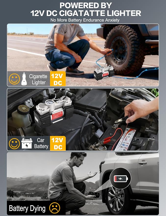 Portable Tire Inflator Heavy Duty Metal 12V Air Compressor Pump | 6X Faster Inflation Double Cylinder 150Psi with Extension Air Hose,LED Lights Air Pump for Car,SUV,RV,Truck,Balls,Bicycle