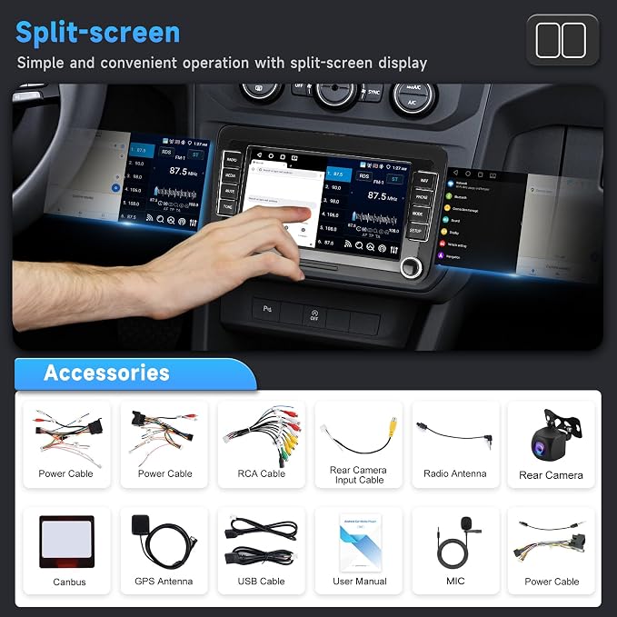 4G+64G Android Car Stereo for VW Passat Golf MK5 MK6 Jetta T5 EOS Polo Touran Seat Sharan Wireless Carplay Android Auto, 7'' Touchscreen Car Radio with GPS Bluetooth 5G-WiFi FM 32EQ DSP Rear Camera