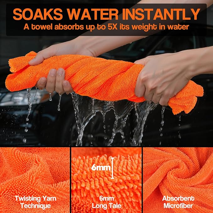 4 Pack Twisted Loop Car Drying Towel, Microfiber Towels for Cars 24"x36", Reusable Shammy Quick Dry Cloth for Carwash, for Auto, Boat, RV, Garage & Home