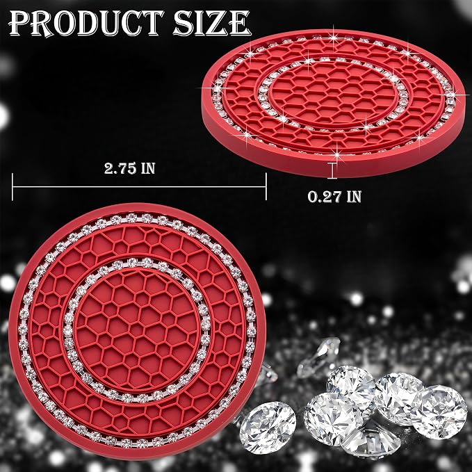 2PCS Bling Crystal Rhinestone Cup Coaster Insert, 2.75 inch Soft Silicone Anti-Slip Shockproof, Car Drink Holder Coaster, Universal Car Interior Accessories for Women (Red & White)