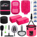 22Pcs Car Wash Cleaning Tools Kit Car Detailing Set with Canvas Bag Pink Collapsible Bucket Wash Mitt Sponge Towels Tire Brush Window Scraper Duster Complete Interior Car Care Kit