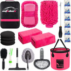 22Pcs Car Wash Cleaning Tools Kit Car Detailing Set with Canvas Bag Pink Collapsible Bucket Wash Mitt Sponge Towels Tire Brush Window Scraper Duster Complete Interior Car Care Kit