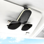Sunglasses Holder for Car, Leather Magnetic Buckle Sun Visor Sunglass Clip, Ticket Card Storage Glasses Clip, Car Interior Accessories for Men and Women（Black-Beige）