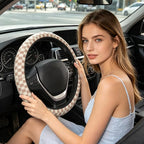Khaki Checkered Steering Wheel Cover for Women, Steering Wheel Covers with Anti-Slip Lining, Universal 14.5-15 inchs Car Interior Accessories with 2PCS Car Coasters Suitable for Men and Women