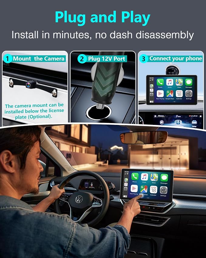 Wireless CarPlay Screen with Backup Camera: Auto Reconnect in Seconds - Maps, Music & Calls Ready for Daily Commute - 7" Touchscreen with 1080P Wired Rear Camera, Modern Upgrade for Older Cars