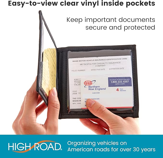 Car Registration and Insurance Card Holder for Sun Visor, Glove Box or Console with 2 Clear Hidden Car Document Pockets