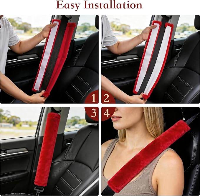 Soft Faux Fur Universal Fit Seatbelt Cover Car Truck SUV Airplane Seat Belt Shoulder Pad for Carmera Backpack Straps Neck Cushion Protector Extra Long 19.7in Red