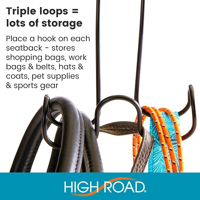 Metal Car Hooks for Purse and Bags - Unbreakable Headrest Car Hooks for Large Purse Straps and Heavy Bags up to 40 lbs - Secure Attachment Loops Fit All Headrest Posts (Triple Hook 2-Pack)