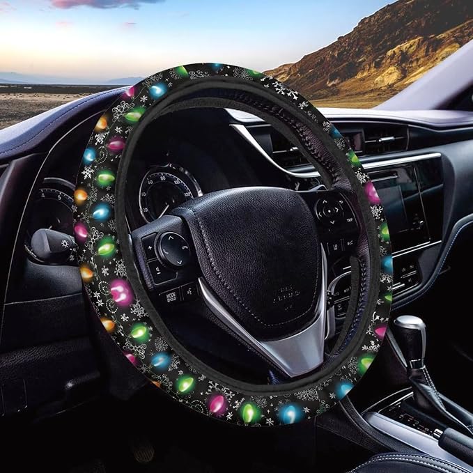 Christmas Steering Wheel Covers Xmas Lights Print Car Steering Wheel Cover Universal Fit Almost Car Non-Slip Steering Wheel Covers Soft Sweat Absorbing Steering Wheel Protector Cover