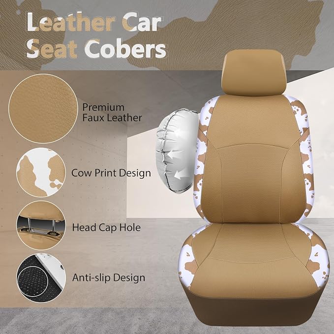 Cow Print Faux Leather Car Seat Covers & Cow Car Mats & Cow Steering Wheel Cover Seat Belt Pads Universal fit for SUV,Van,Saden,Truck Cute Car Accessories Automobile Interior Sets All Beige