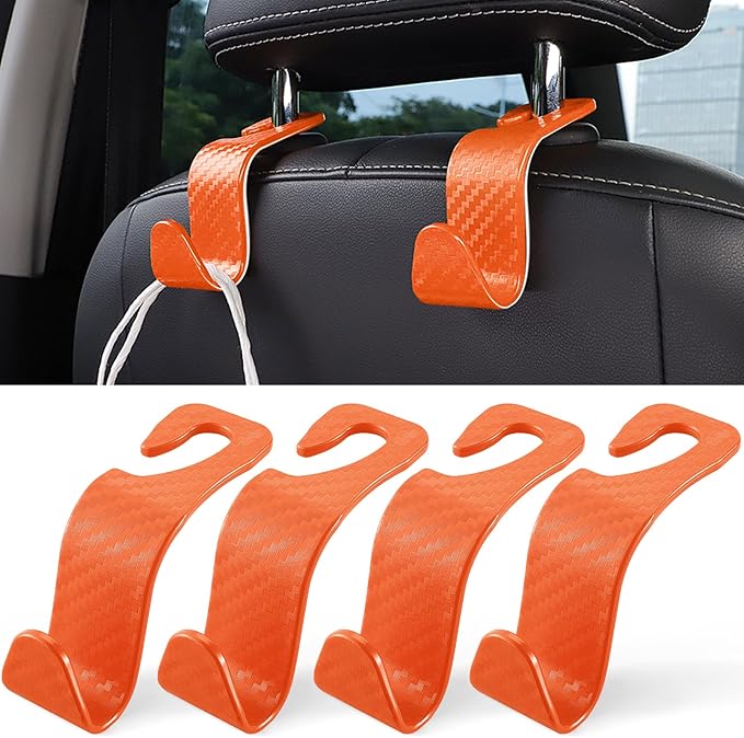 Car Purse Hook, 4 Pack Universal Auto Seat Headrest Hook Hangers Organizer for Coats, Umbrellas, Groceries - Carbon Fiber Orange