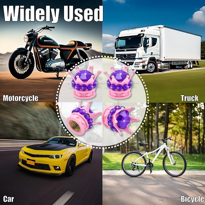 4PCS Crown Bling Tire Stem Valve Caps, Crystal Diamond Car Wheel Tire Valve Caps Universal Copper Core Stem Covers for Cars, SUV, Trucks, Bikes, Motorcycles, Bicycles (Pink & Purple)