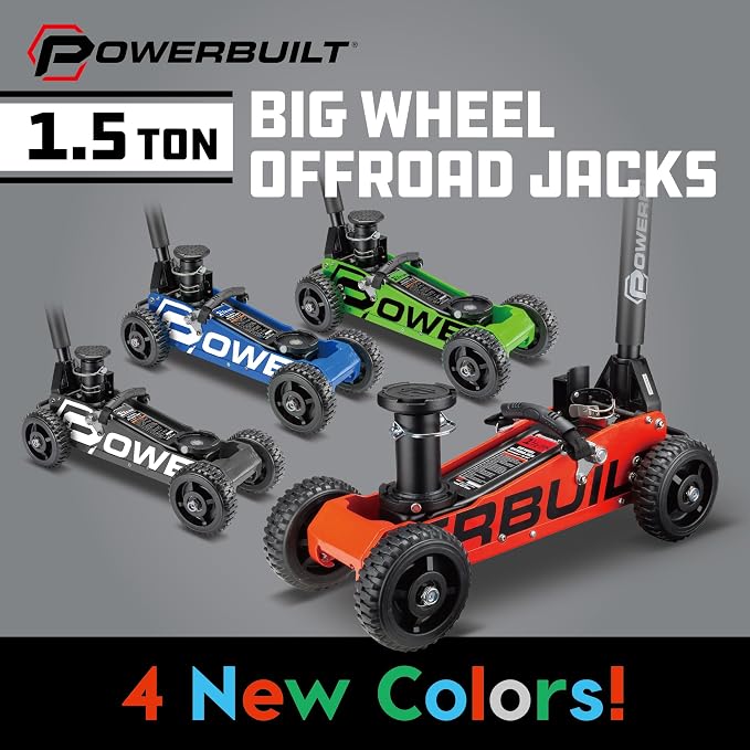 Powerbuilt 1.5 Ton Big Wheel Off Road Jack, Vehicle Lift for Trucks, SUVs, ATVs Offroad Vehicles, Oversized Wheels for Rugged Terrain, 3000 LB Capacity, Blue 620625ECE