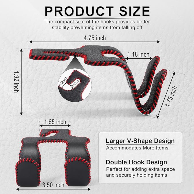 Upgraded Superior Leather Car Seat Back Headrest Hook, 2 in 1 Auto Seat Hook Hangers Holder Organization Interior Accessories for Purses Coats Umbrellas Grocery Bags Handbag (Black/Red)