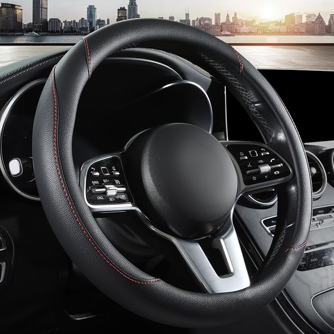 Car Steering Wheel Cover, Microfiber Leather Steering Wheel Cover Universal Fit 14.5-15 inch Anti-Slip Comfortable Breathable Car Wheel Protector for Men Women,Black