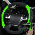 Leather Steering Wheel Cover and Waterproof Car Floor Mats,Microfiber Universal Car Combo Fit for 95% Sedan,SUV,Cars,14.5-15inch Sporty Anti-Slip Comfortable Design(Black＆Fluorescence Green)