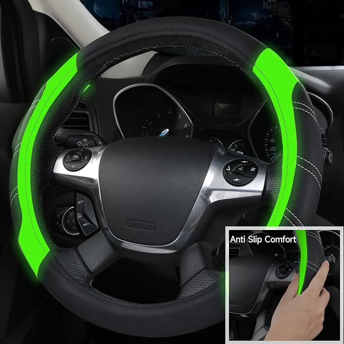 Leather Steering Wheel Cover and Waterproof Car Floor Mats,Microfiber Universal Car Combo Fit for 95% Sedan,SUV,Cars,14.5-15inch Sporty Anti-Slip Comfortable Design(Black＆Fluorescence Green)