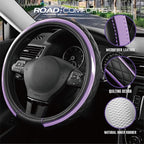 Leather Steering Wheel Cover – Black & Purple, Universal Fit 14.5-15 Inch, Microfiber Leather, Anti-Slip & Breathable Design for Men and Women