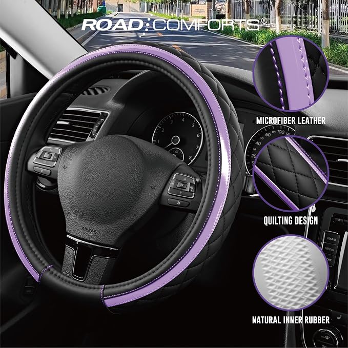 Leather Steering Wheel Cover – Black & Purple, Universal Fit 14.5-15 Inch, Microfiber Leather, Anti-Slip & Breathable Design for Men and Women