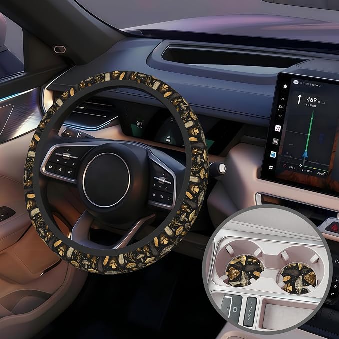 Vintage Mushroom Steering Wheel Cover for Women, Anti-Slip Car Steering Wheel Cover with 2 Pcs Cup Holders Neoprene Breathable Car Accessories Universal 15 Inch Auto Interior Decor