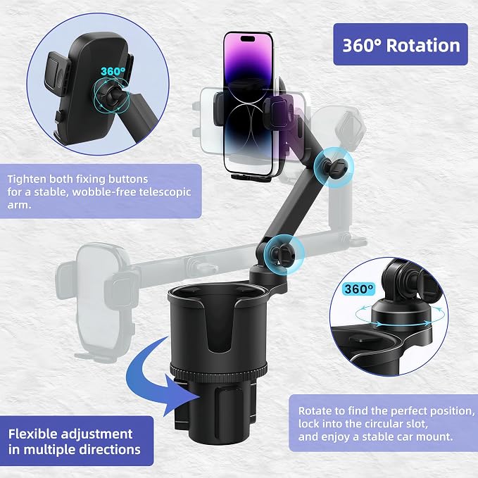 2-in-1 Car Cup Phone Holder Expander with Adjustable Base, 360°Rotation,Compatible with iPhone, Samsung & All Smartphones up to 4.13",Fit Most Bottles 10-32oz,Black