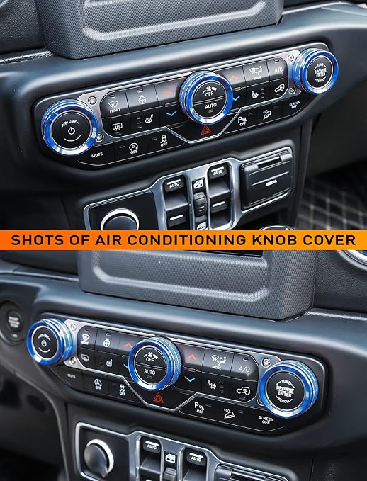 HVAC Climate Control Panel Knob Trim Kit & Light Control Switch Cover, Air Conditioner Knob Aluminum Alloy Ring for 2018-2024 Jeep Wrangler JL JLU & Gladiator JT, Interior Accessories, Blue