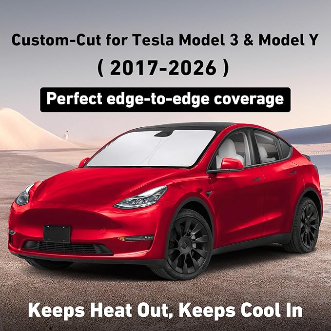 Windshield Sun Shade Compatible for Tesla Model 3 & Model Y Juniper 2017-2024 2025 2026, Sun Visor for EV Front Window Sunshade, Foldable Heat & UV Protector, Car Accessories
