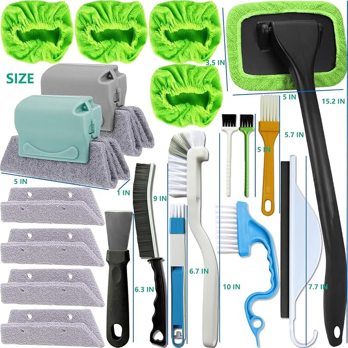 Small Window Track Cleaning Kit, 20Pcs Multi-Purpose Household Cleaning Tools with Squeegee, Detail Brush & Reusable Microfiber Pads for Sliding Door, Glass, Bathroom Mirror, Auto Windshield