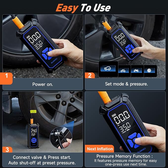 Tire Inflator Portable Air Compressor, Dual Power - 6000mAh & 12V DC, Cordless Air Pump for Car Tires, Bikes, Motorcycle, Balls with LED & Digital Pressure Gauge, Auto Shut-off