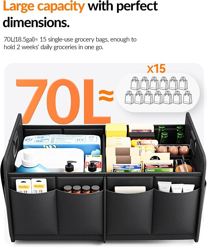Car Trunk Organizer for SUV, 18.5Gal Large Capacity No-Sag Heavy Duty, Foldable Waterproof Anti-Slip Storage with 12 Pockets, Fit Sedan,Truck, Universal Car Accessories, Black, Large, 2 Compart