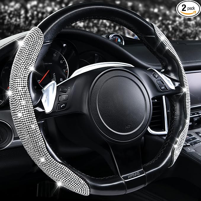 Bling Diamond Segmented Steering Wheel Cover with Crystal Rhinestones, 2PCS Wheel Protector Non-Slip Cute Car Accessories Universal Fit D-Shape O-Shape 14.5" to 16" for Women, Silver Diamond