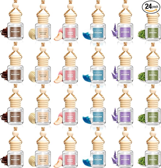 24 Pack Car Air Freshener Diffuser, Long Lasting Hanging Fragrance Fresheners Set, Essential Oil Diffuser Scents Accessories, Cute Car Interior for Women & Men