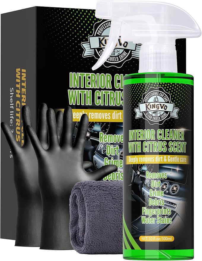 Kingvo Car Interior Cleaner Spray, Multipurpose Leather Seat Cleaner Upholstery Car Cleaning Kit with Citrus Flavor Auto Dashboard Vinyl Detailing Supplies Kit,10 OZ