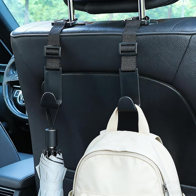 Adjustable 4-Pack Car Headrest Hooks - Universal Seat Back Organizer with Heavy-Duty Clip for Purses, Bags & Groceries Black
