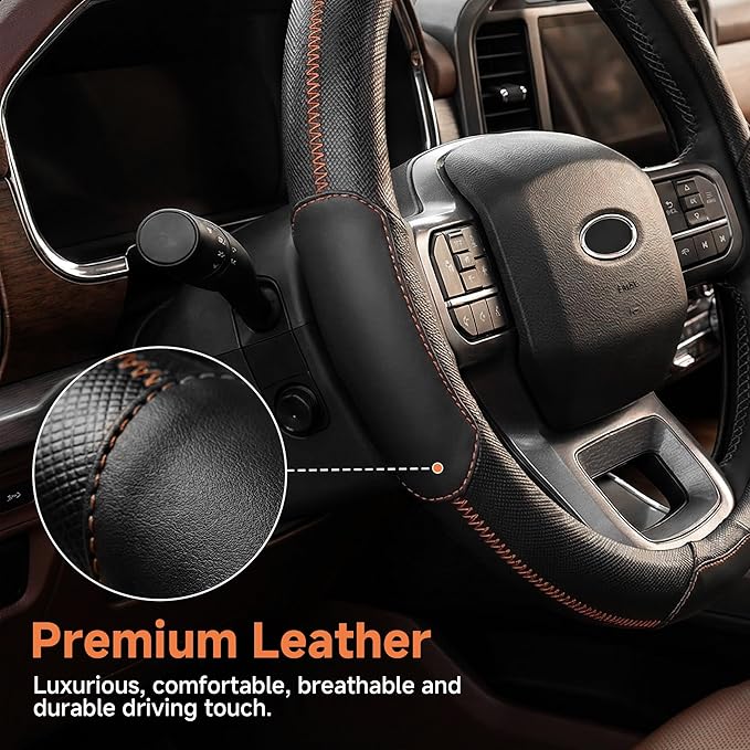 Customized Auto Car Steering Wheel Cover for Dodge RAM 1500 2500 3500, 15.5-16 inch(Black+Orange-Large Size)