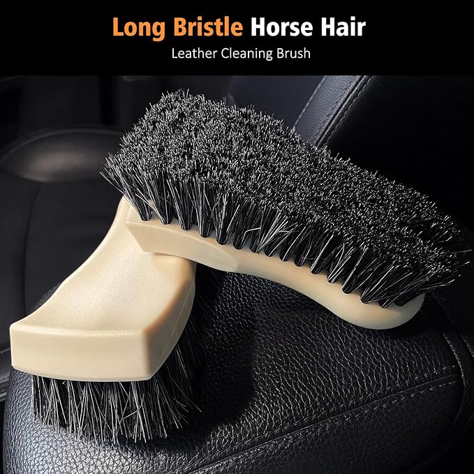 7PCS Car Interior Detailing Kit, Horse Hair Car Leather Brush, Applicator Pads and Microfiber Cloth for Car Interior & Seats Leather, Interior Car Cleaning Kit, Orange