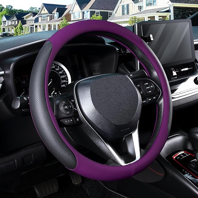 Steering Wheel Cover for 14.5-15 inch Wheels, Breathable PU Leather with Perforated Sides, Anti-Slip Grip, Universal Fit for Cars & SUVs, Black and Dawn Purple
