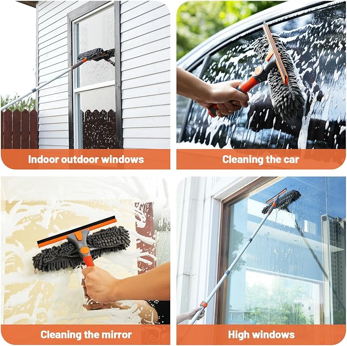 65'' Squeegee Window Cleaner 2 in 1 Rotatable Window Cleaning Tool Kit with Telescopic Pole, Window Washing Equipment with Bendable Head for Indoor/Outdoor Window and Car Glass - EAW01 Pro
