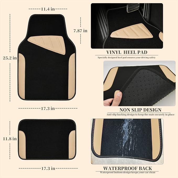 Waterproof Universal Fit Car Floor Mats, Car Mats Fit for SUV,Vans,sedans, Trucks,Set of 4pcs Car Carpet with Driver Heel Pad (Beige)
