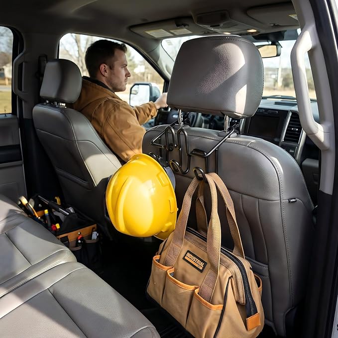 Heavy Duty Headrest Hook Organizer 5-Hook, Car Truck SUV, Steel | 5 Heavy-Duty Steel Hooks — Holds hard hats, tool bags, jackets, and gear