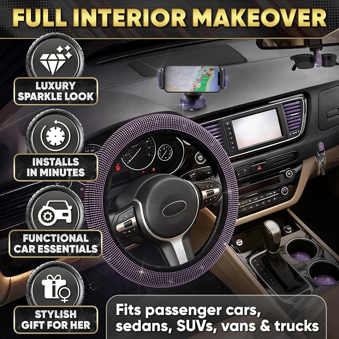 Purple Car Accessories Set, 27 Pieces – Bling Car Accessories for Women, Steering Wheel Cover, Rearview Mirror, Air Vent, Dashboard and Console Rhinestone Decor - Universal Fit Interior Styling Kit