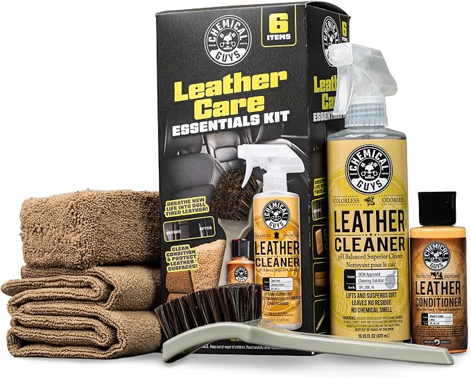 Leather Care Kit, Cleaner and Conditioner for Car Seats | Complete 6-piece leather cleaning and conditioning kit for car seats, furniture, shoes and bags; genuine or vegan leather