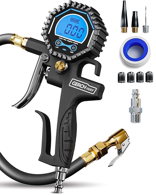 GERCHWAY Digital Tire Pressure Gauge with Inflator (3-200 PSI), Heavy Duty Air Chuck and Compressor Accessories with Swivel Air Chuck, Longer Hose, Large Display (0.1 Res)