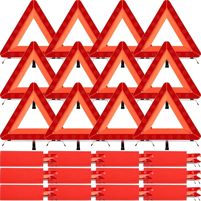 Warning Safety Triangles for Vehicles Foldable Roadside Emergency Kit Emergency Reflective Triangles with Base and Carrying Case for Cars Trucks Breakdown(12 Pack)