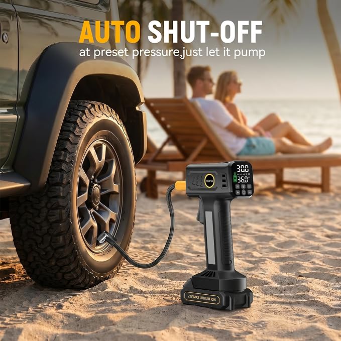 21V Cordless Portable Tire Inflator – Fast Inflation, 160PSI Air Compressor, Rechargeable Battery & 12V Car Adapter, Digital Pressure Gauge, Air Pump for Car, SUV, Motorcycle, Bike, Ball