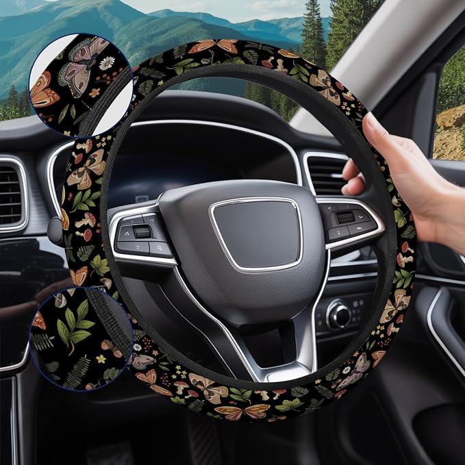 Dark Botanical Moth Steering Wheel Cover, Polyester Non-Slip Car Wheel Grip, Universal 15 Inch Auto Accessory