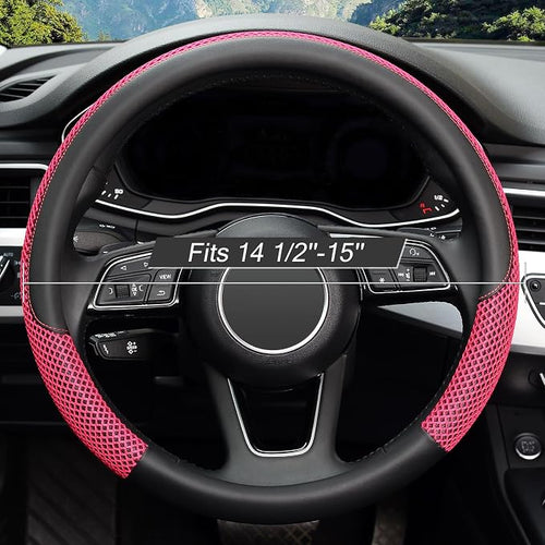 15 inch Steering Wheel Cover, Cooling Ice Silk Mesh with Microfiber Leather, Heat Resistant, Breathable, Anti-Slip, Summer Cool, Universal Fit, Black & Red