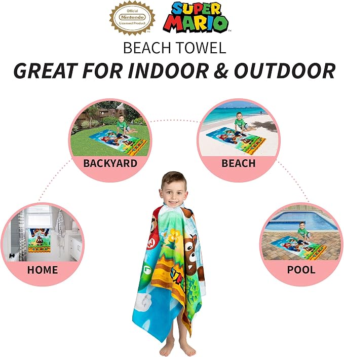Super Mario Official Nintendo Kids Super Soft Cotton Bath/Pool/Beach Towel,58 in x 28 in,(Pack of 2)
